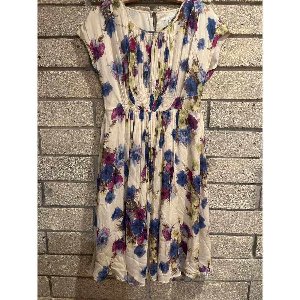 Boden Floral Print Womens Pleated Midi Dress With Cap Sleeves & Side Zipper